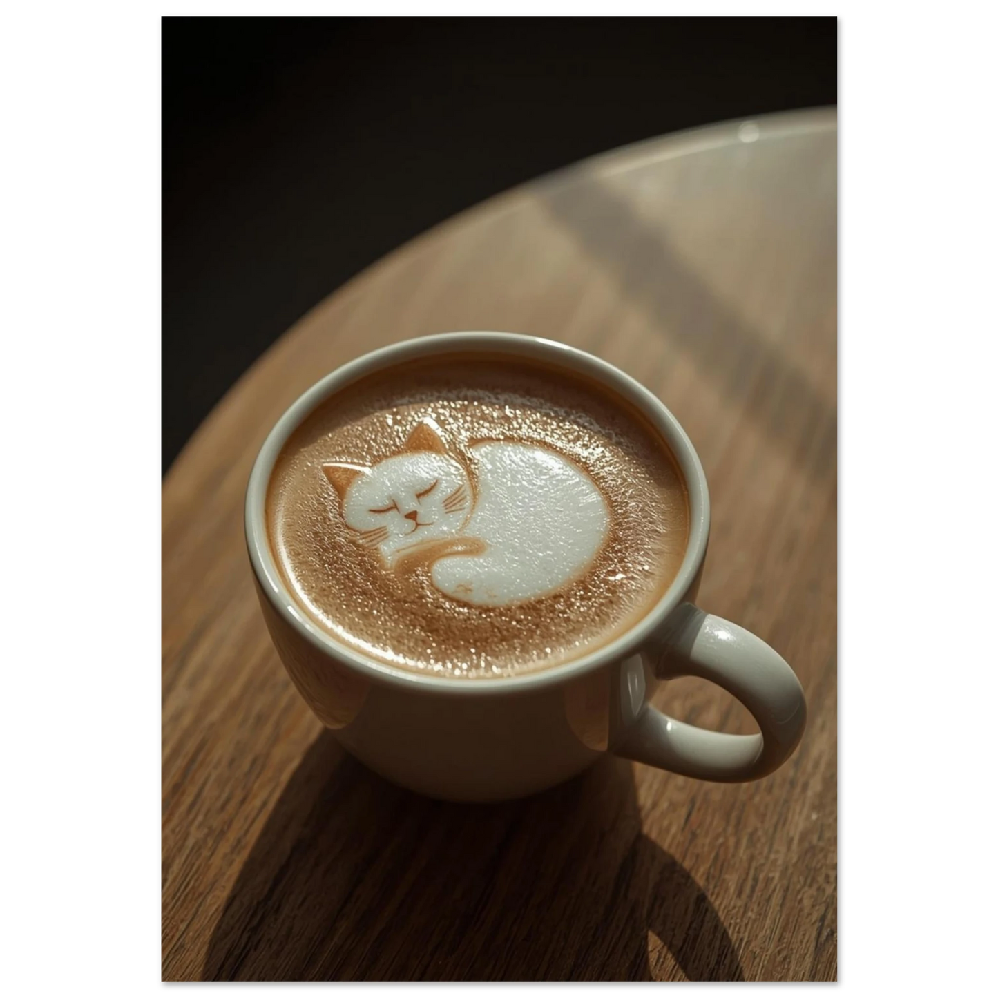 Sovande katt i latte art i en vit kaffekopp på träbord