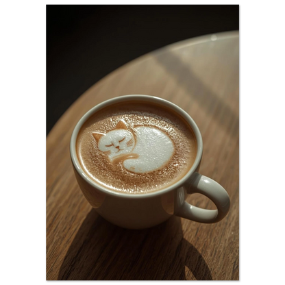 Sovande katt i latte art i en vit kaffekopp på träbord