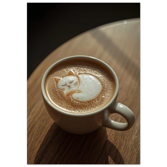 Sovande katt i latte art i en vit kaffekopp på träbord