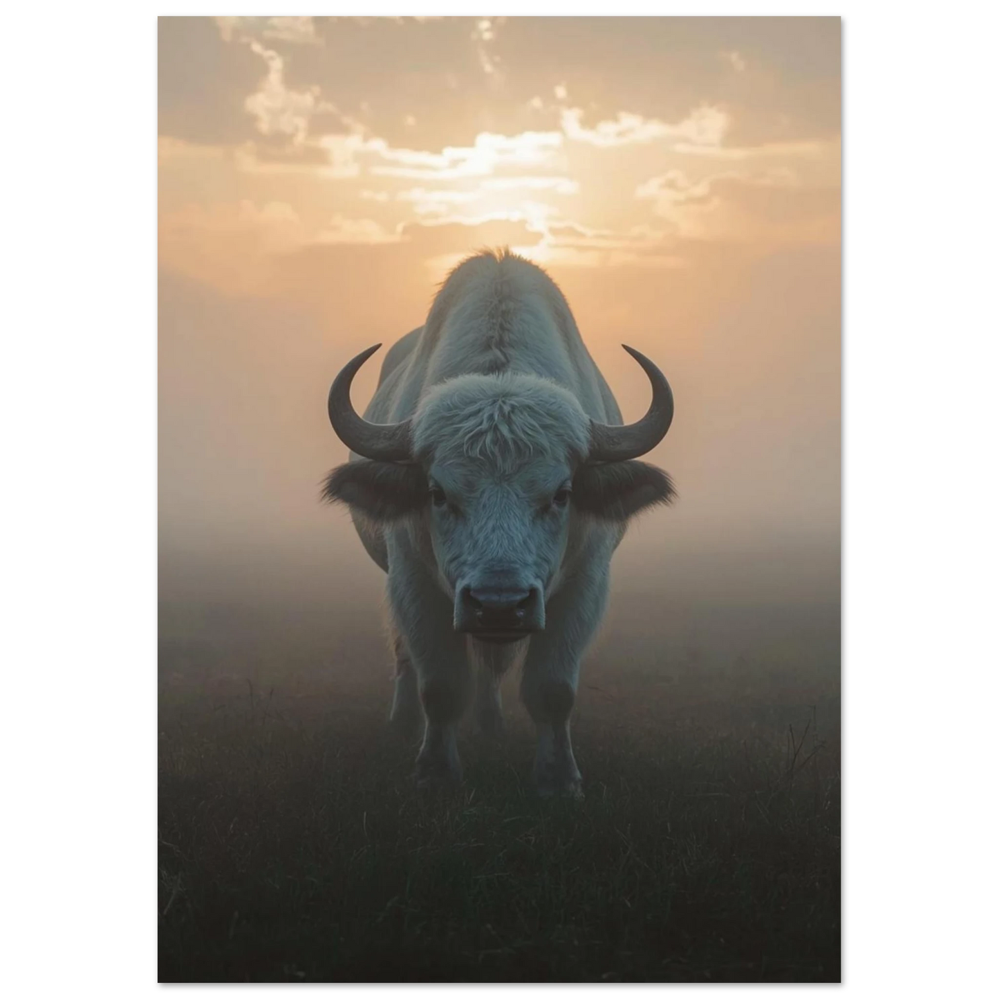 Sällsynt vit bison i ett eteriskt naturlandskap med mjuk ljussättning