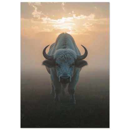 Sällsynt vit bison i ett eteriskt naturlandskap med mjuk ljussättning