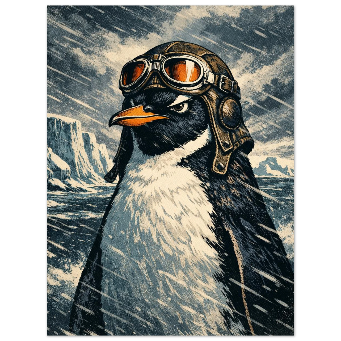 Illustration av en pingvinpilot framför isberg och snöoväder – retro poster