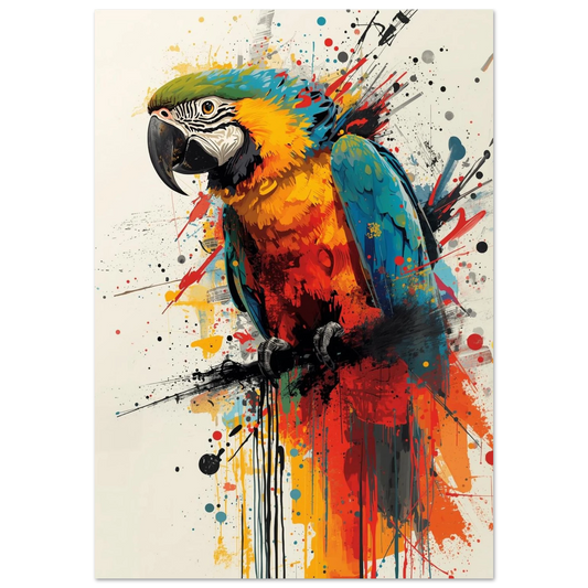 Färgstark ara i profil med konstnärliga färgstänk – Målad poster
