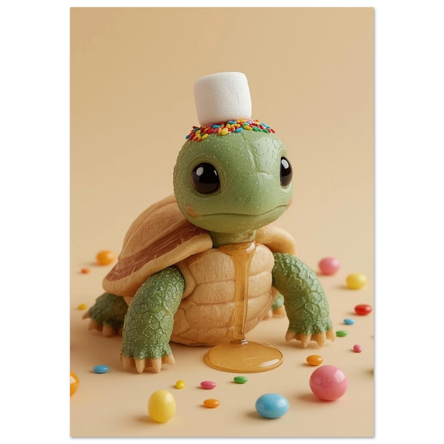 Söt sköldpaddsfigur omgiven av runda pastellfärgade godisbitar på beige bakgrund