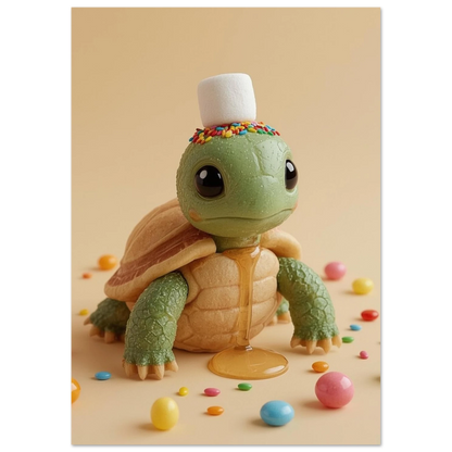 Söt sköldpaddsfigur omgiven av runda pastellfärgade godisbitar på beige bakgrund