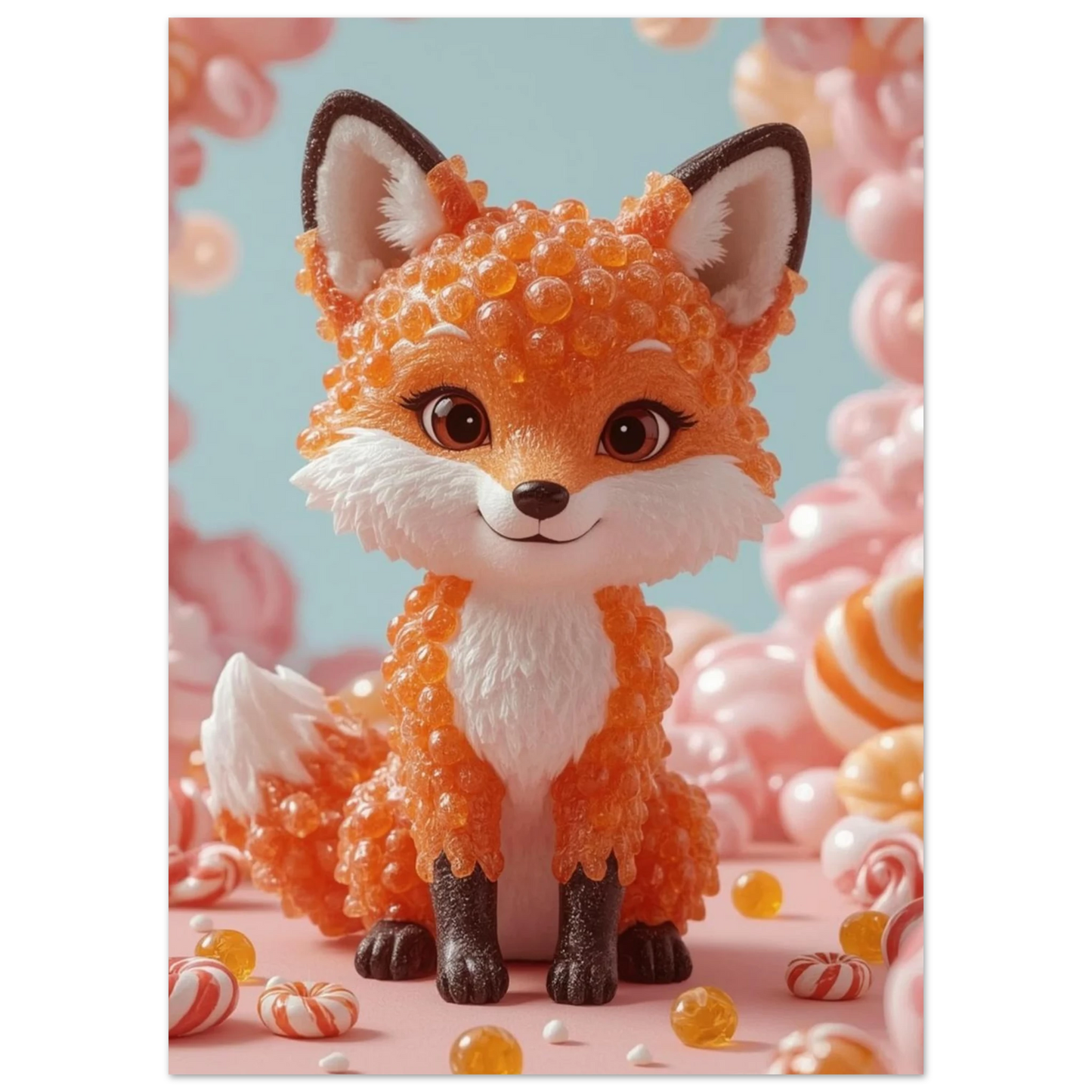 Digital illustration av en räv skapad av glänsande orangea godiskulor