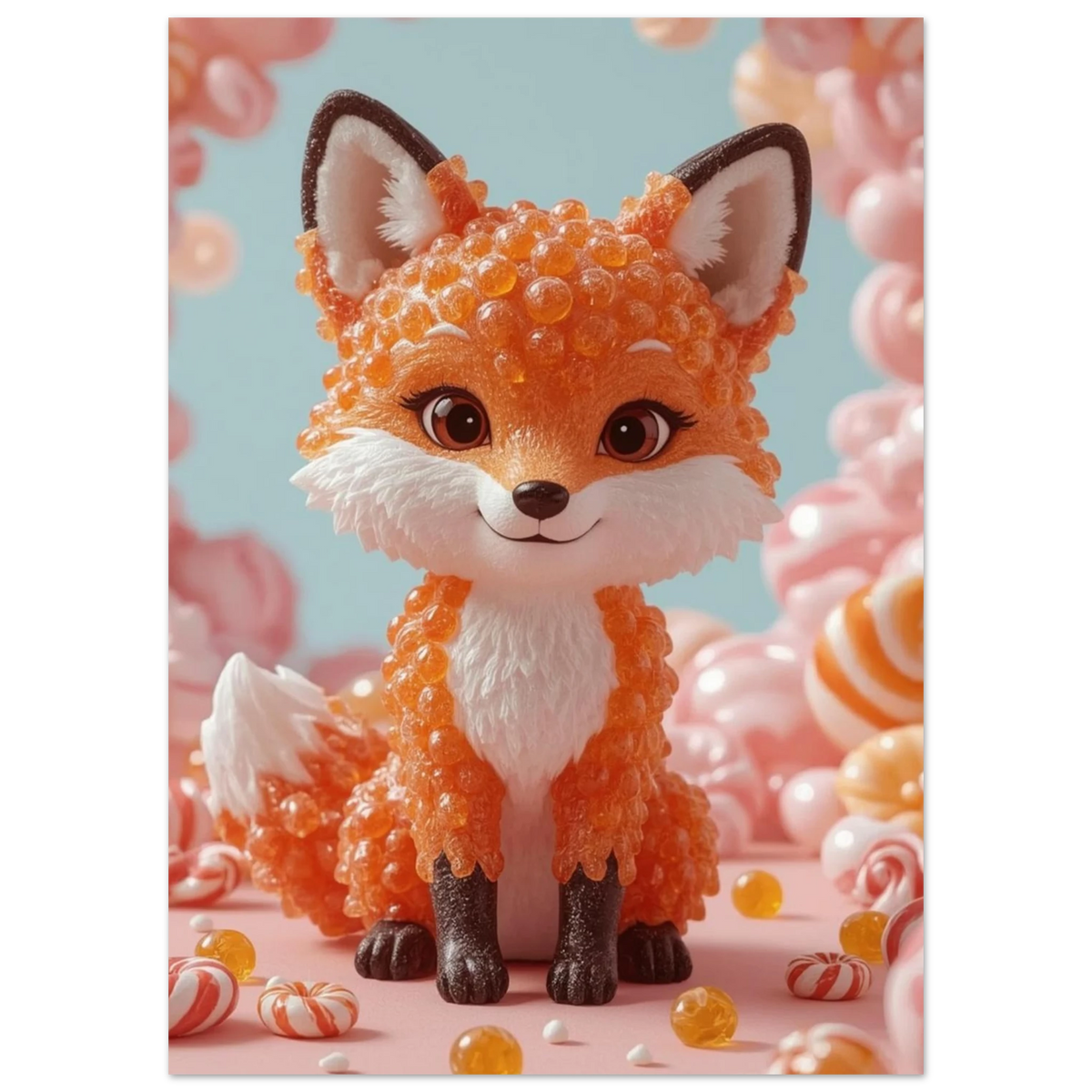Digital illustration av en räv skapad av glänsande orangea godiskulor