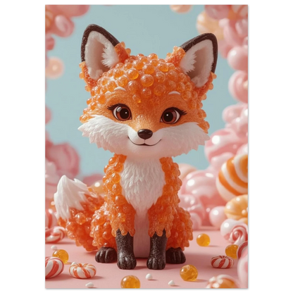Digital illustration av en räv skapad av glänsande orangea godiskulor