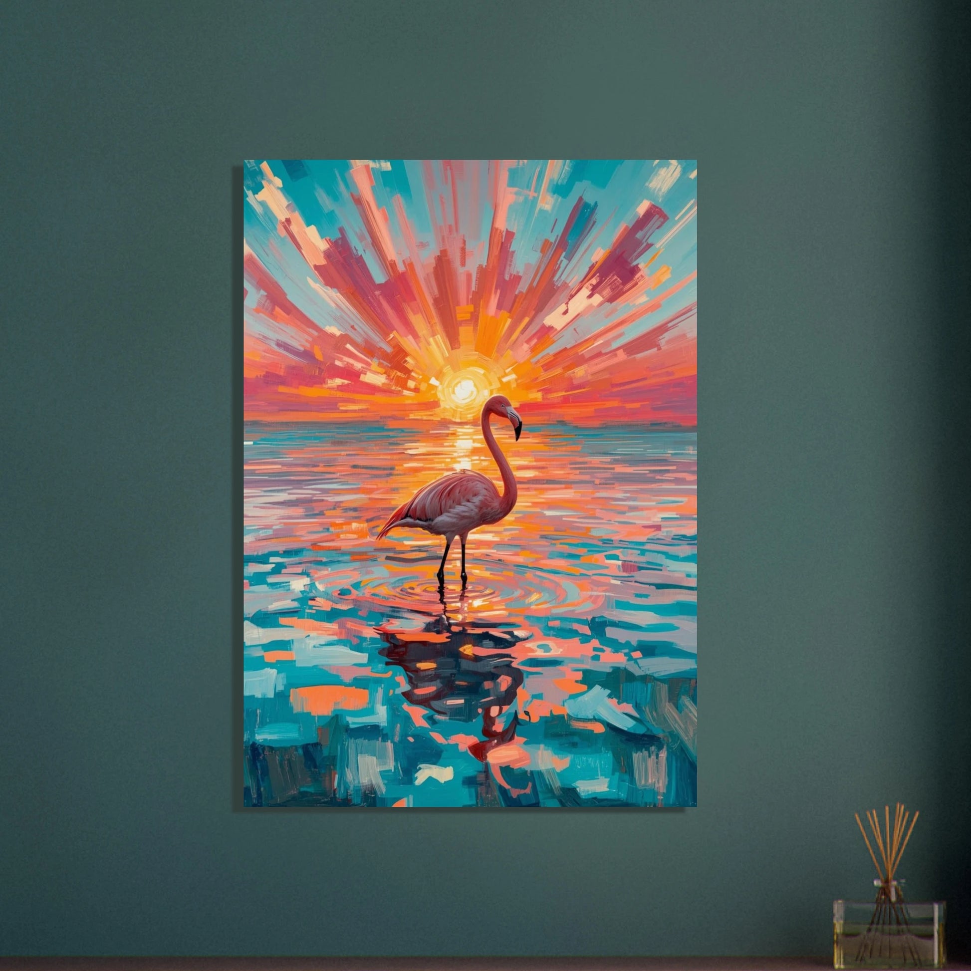 Flamingo i grunt vatten vid solnedgång, konstnärlig och färgstark målning.
