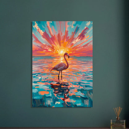 Flamingo i grunt vatten vid solnedgång, konstnärlig och färgstark målning.