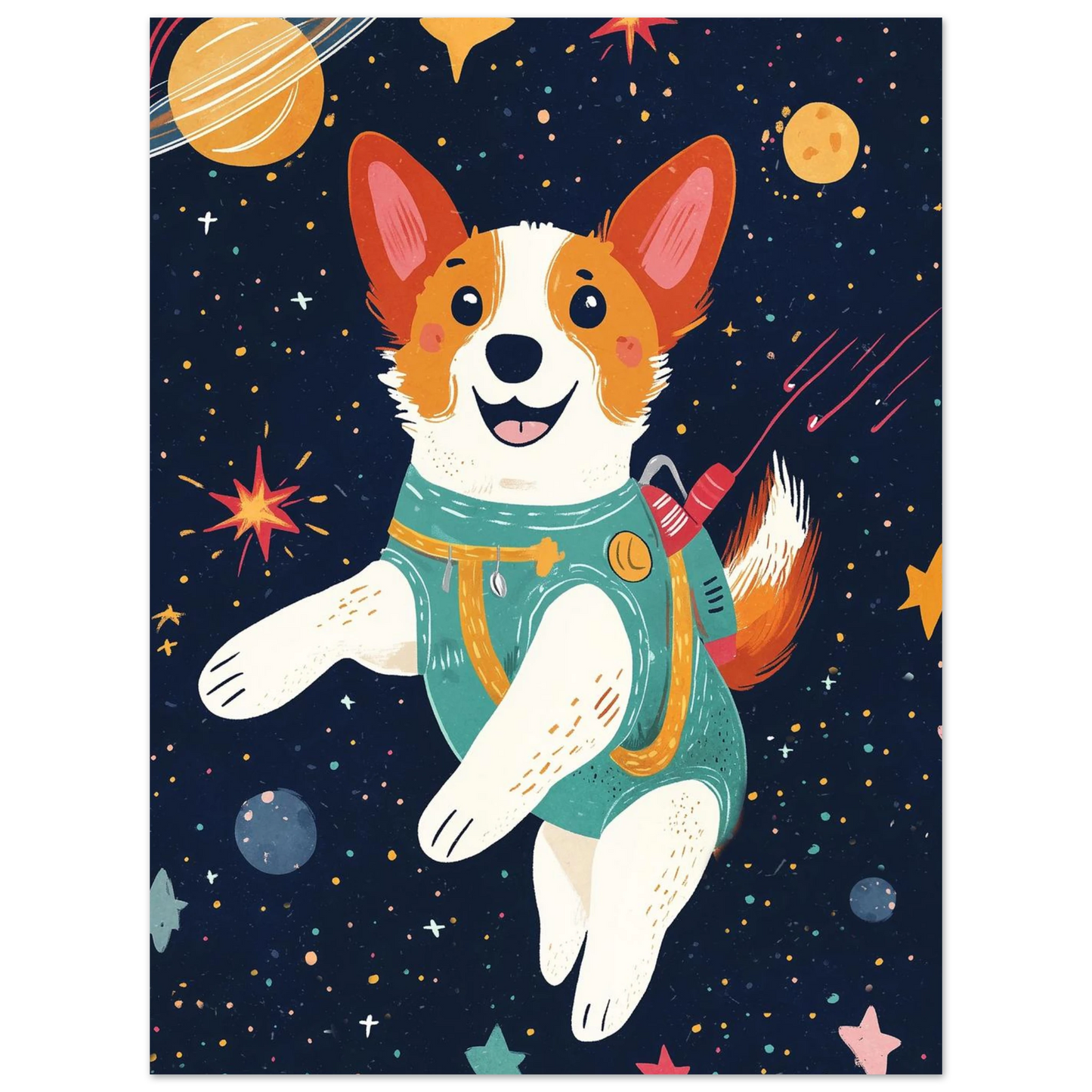 Söt Corgi-astronaut i turkos mundering utforskar kosmos – grafisk tavla