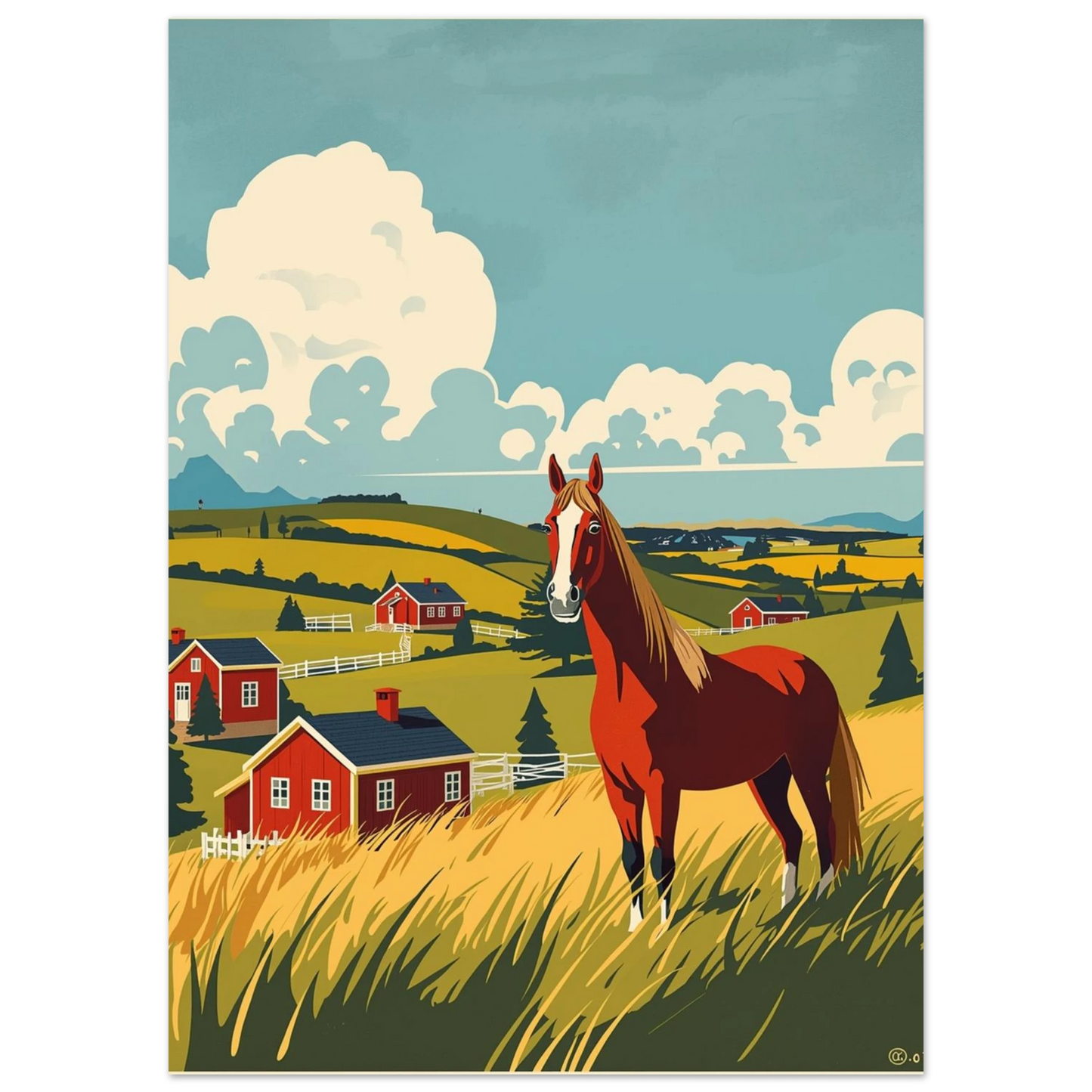 Nostalgisk illustration av en häst på en äng vid svenska torp