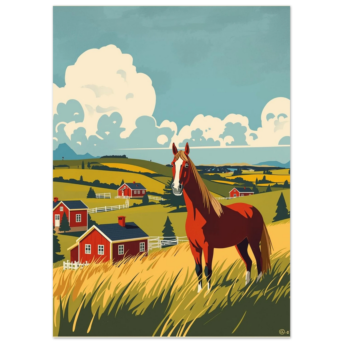 Nostalgisk illustration av en häst på en äng vid svenska torp