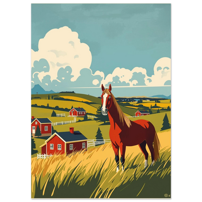 Nostalgisk illustration av en häst på en äng vid svenska torp
