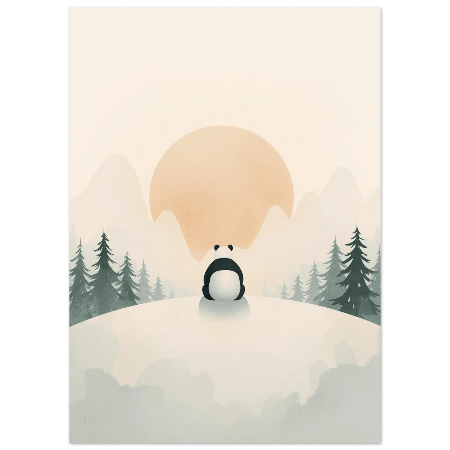 Sittande panda i vintermiljö med granar och berg, grafisk illustration