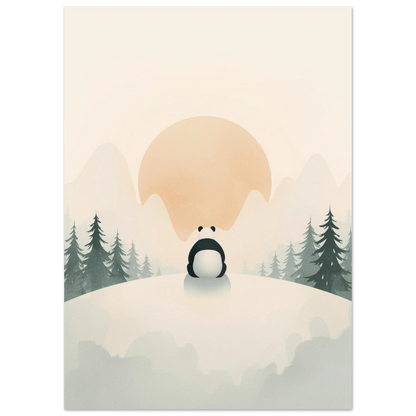 Sittande panda i vintermiljö med granar och berg, grafisk illustration
