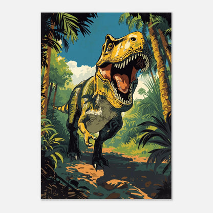Detaljerad illustration av en T-Rex med vassa tänder i djungeln