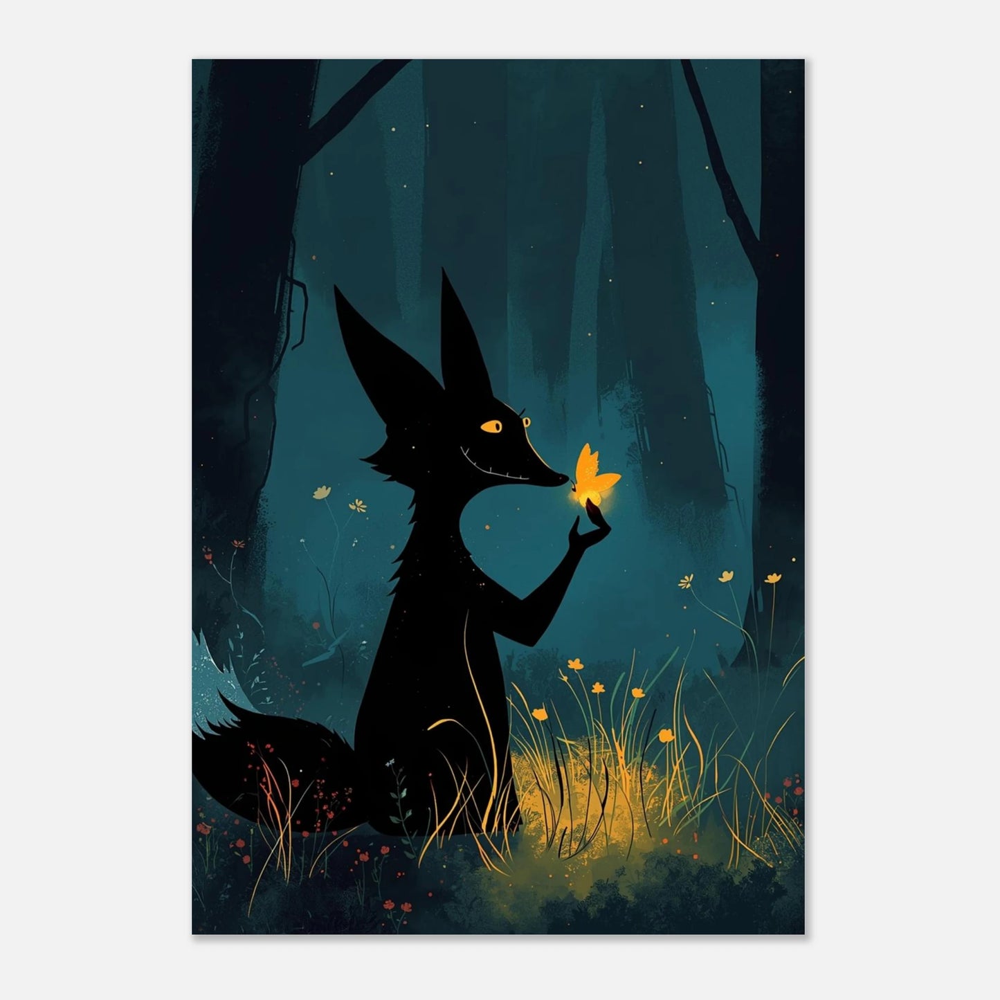 Sagoillustration av räv i djupblå skogsmiljö – stämningsfullt canvastryck