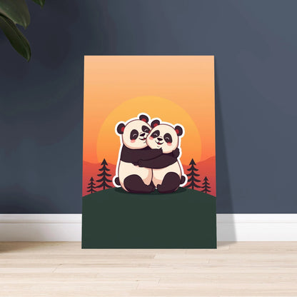 Två kramande pandor i solnedgång, tecknad illustration av vänskap och kärlek.