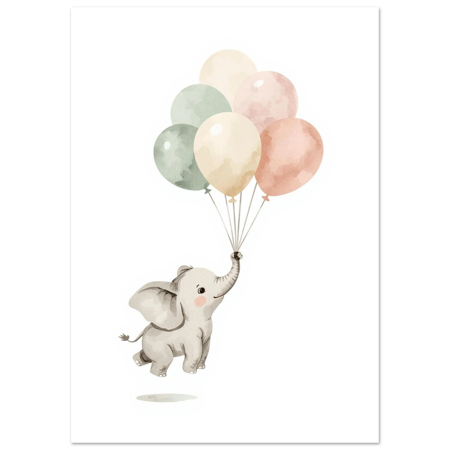 Illustration av liten elefant som svävar med ballongbukett, mjukt djurmotiv för vägg