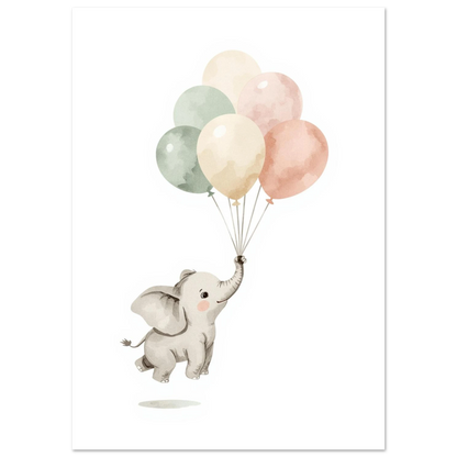 Illustration av liten elefant som svävar med ballongbukett, mjukt djurmotiv för vägg