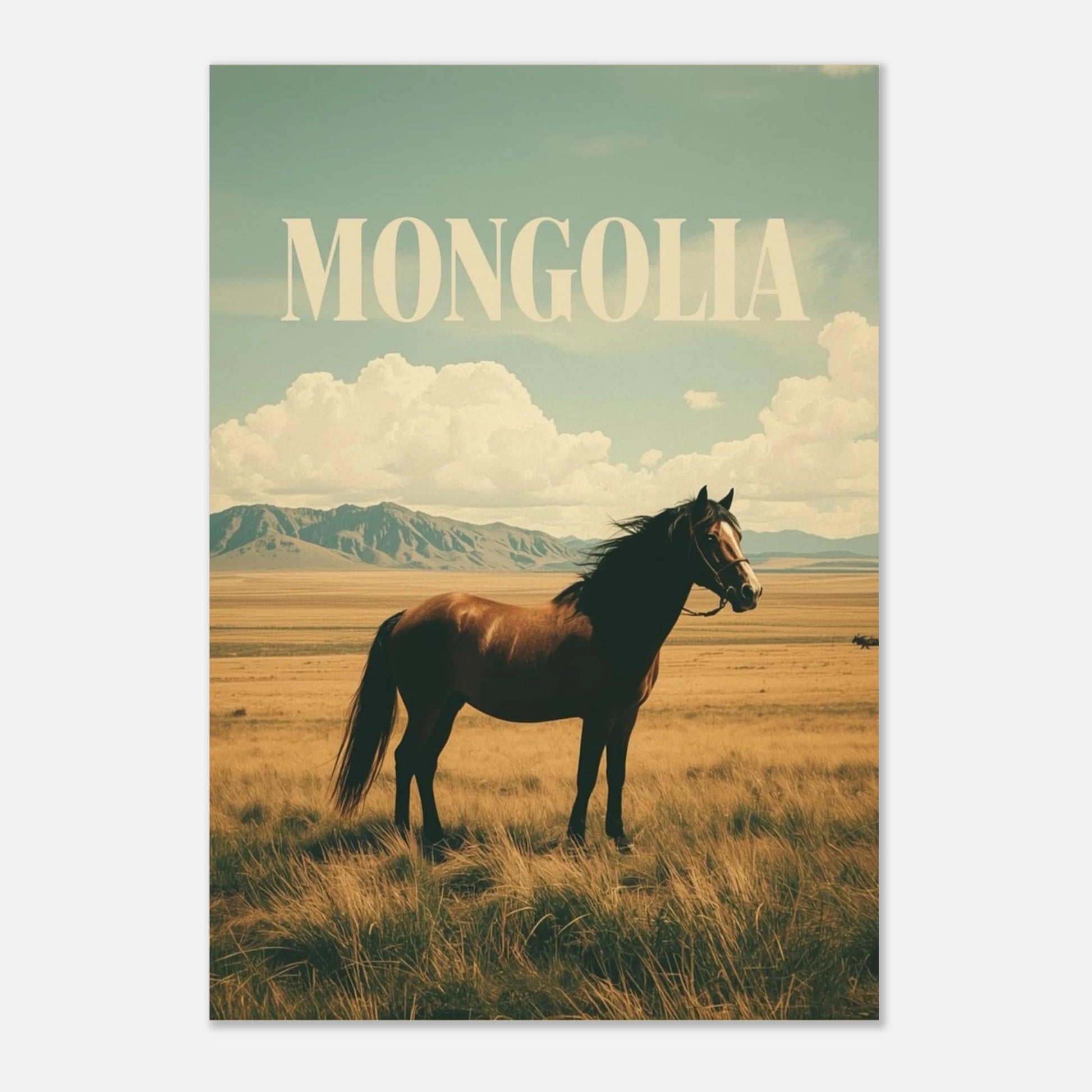 Vintageinspirerad tavla med texten Mongolia och en brun häst i naturen