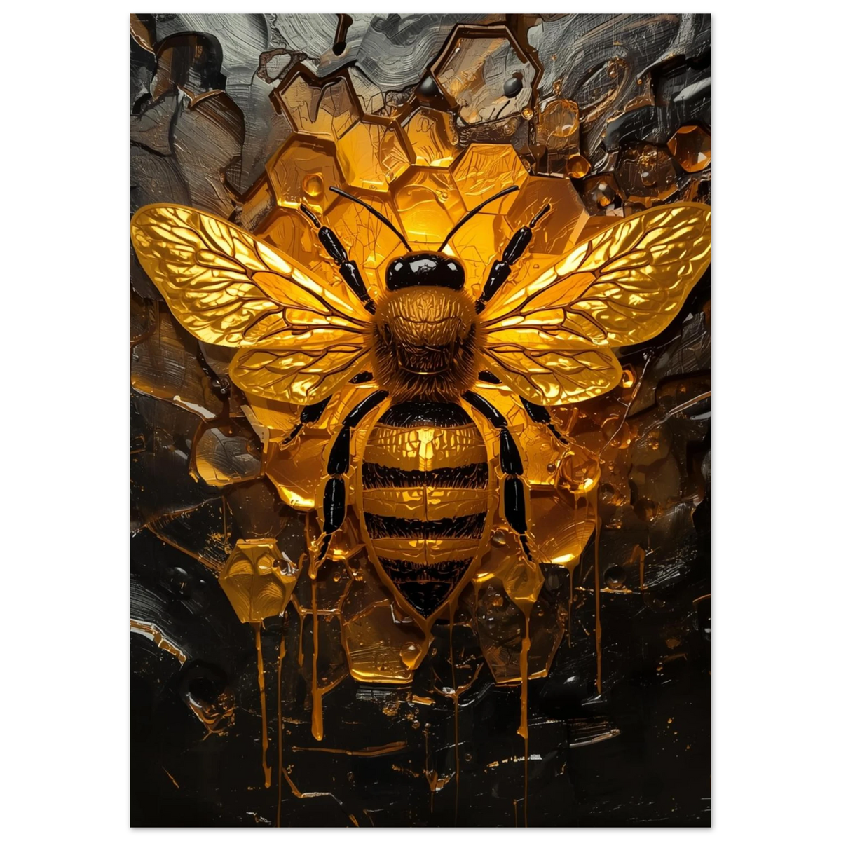 Närbild på texturerat bi i guld med skulpturala vingar
