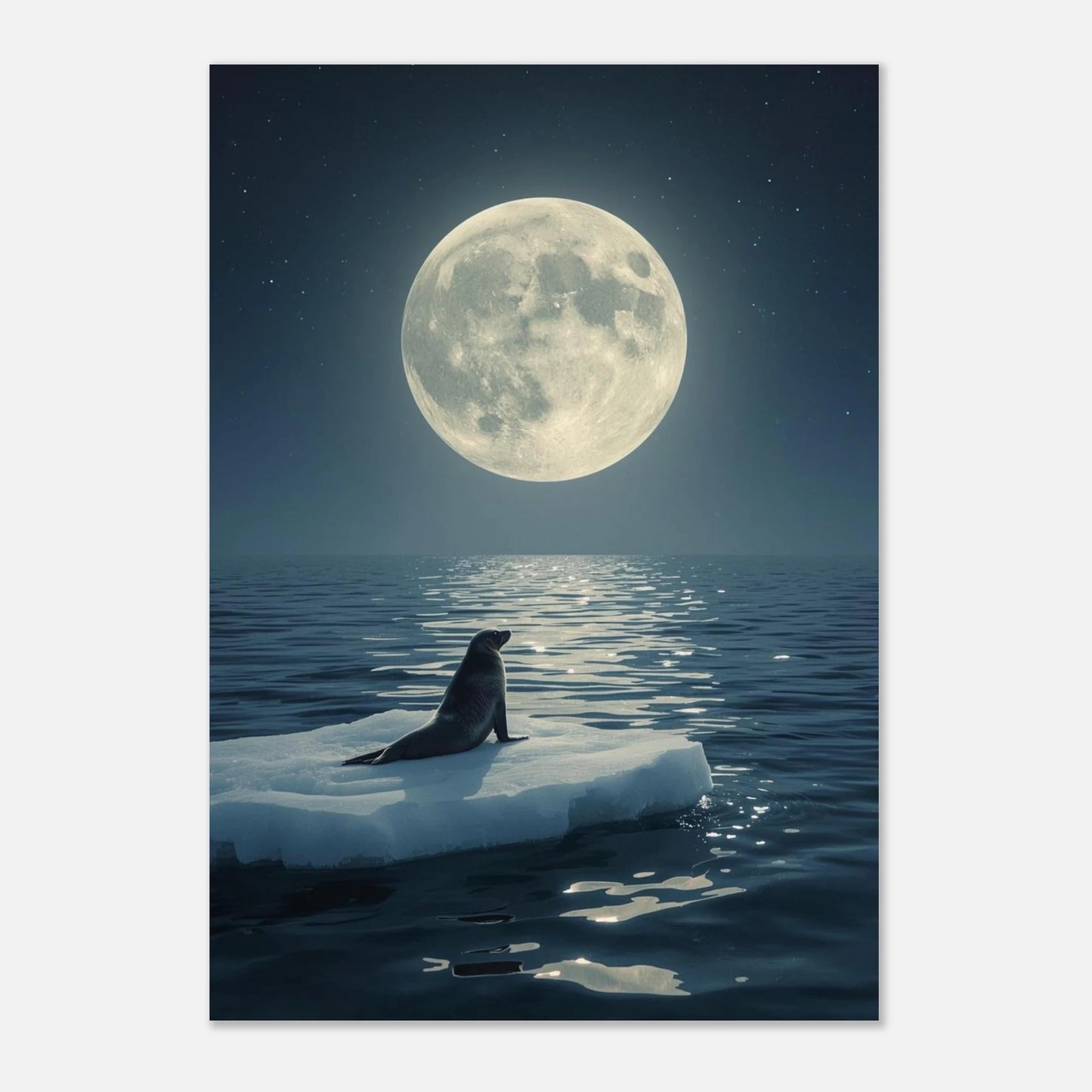 Poster med säl och stor måne monterad i vit ram – minimalistisk stil