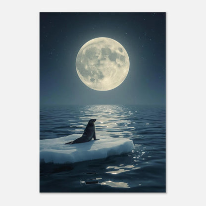 Poster med säl och stor måne monterad i vit ram – minimalistisk stil
