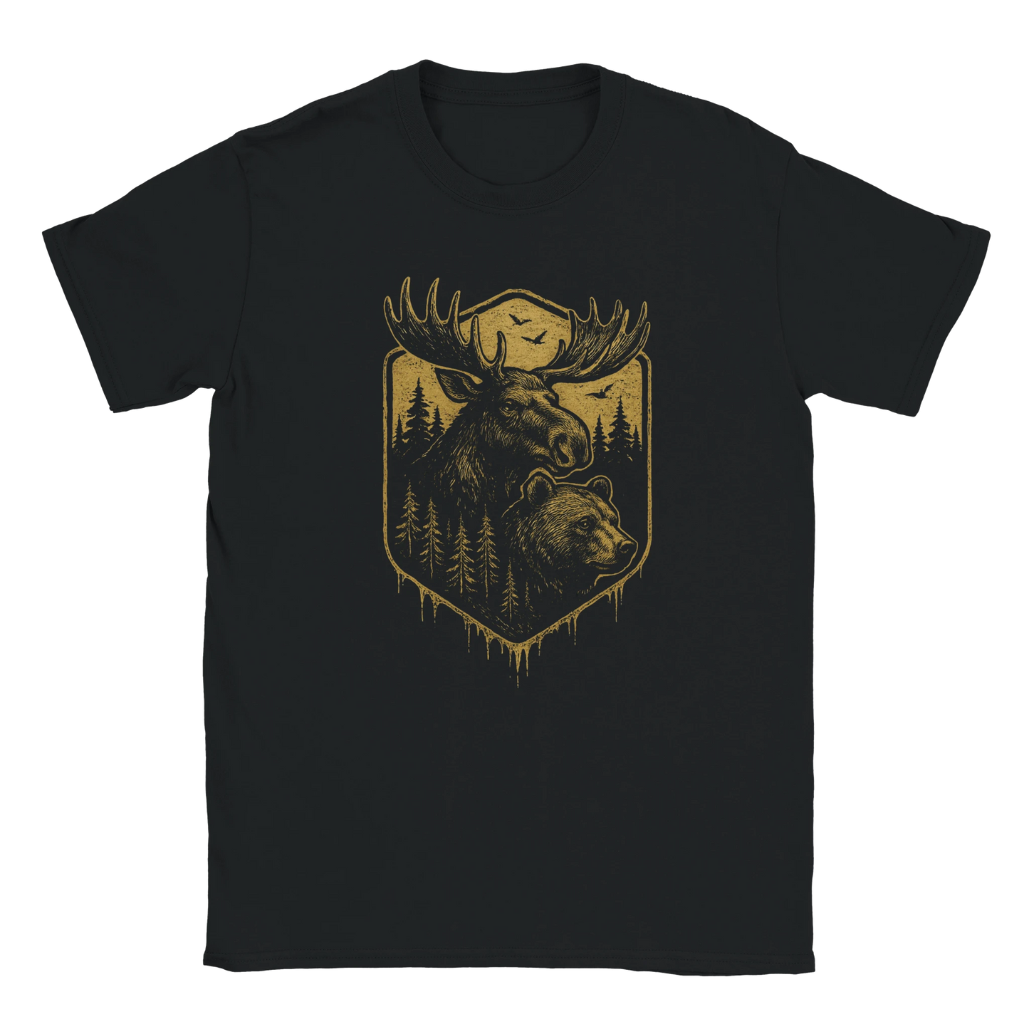 Svart t-shirt med guldgult retromotiv av en älg och en björn i skogen – Retro t-shirt