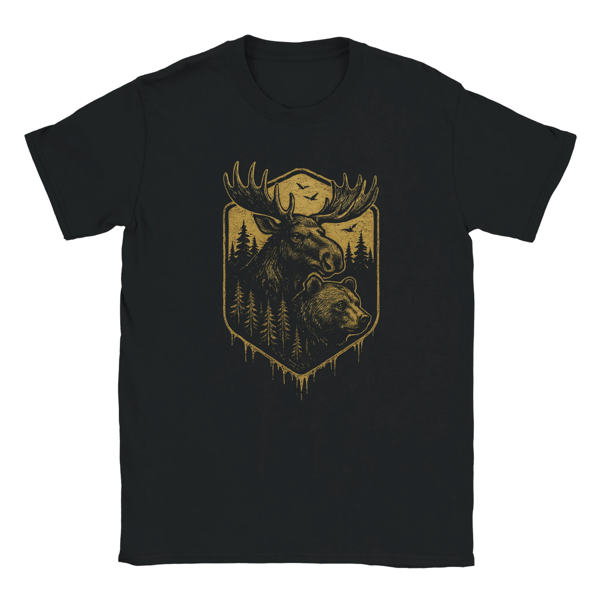 Svart t-shirt med guldgult retromotiv av en älg och en björn i skogen – Retro t-shirt