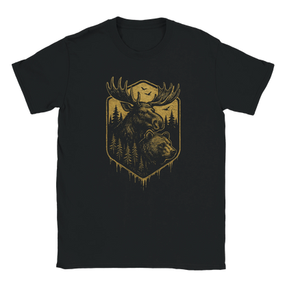 Svart t-shirt med guldgult retromotiv av en älg och en björn i skogen – Retro t-shirt