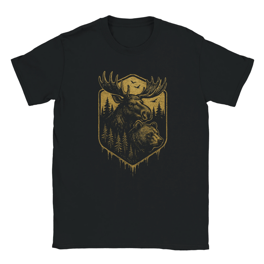 Svart t-shirt med guldgult retromotiv av en älg och en björn i skogen – Retro t-shirt