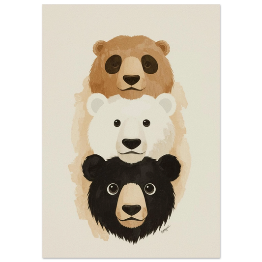 Lekfull illustration av tre staplade björnar i mjuka bruna och vita toner