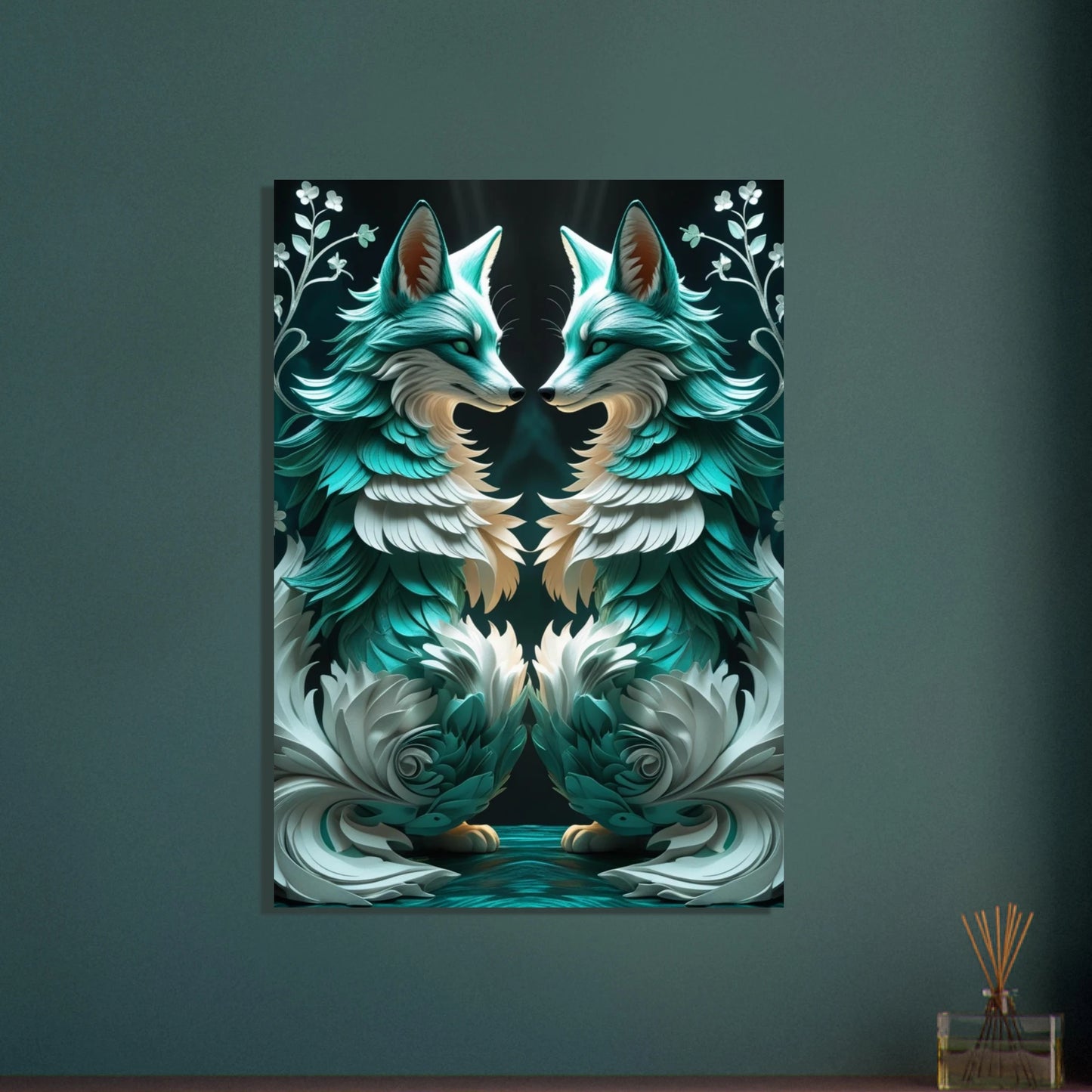 Symmetriskt konstverk med två turkosa rävar i fantasifull design.