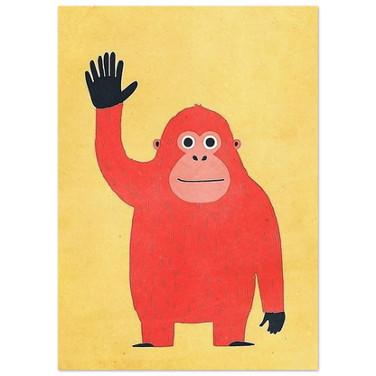 Närbild på illustrerad orangutang med stora ögon och vänlig gest