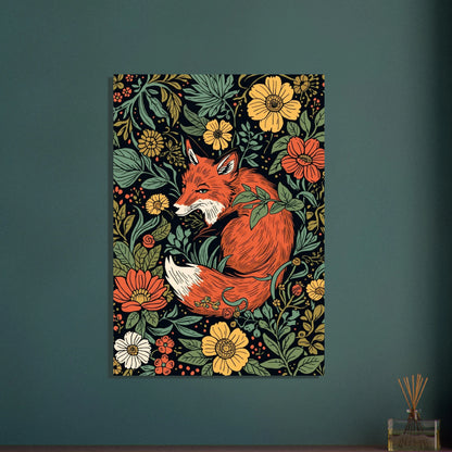Räv inbäddad bland blommor, konstnärlig illustration med detaljerad flora.
