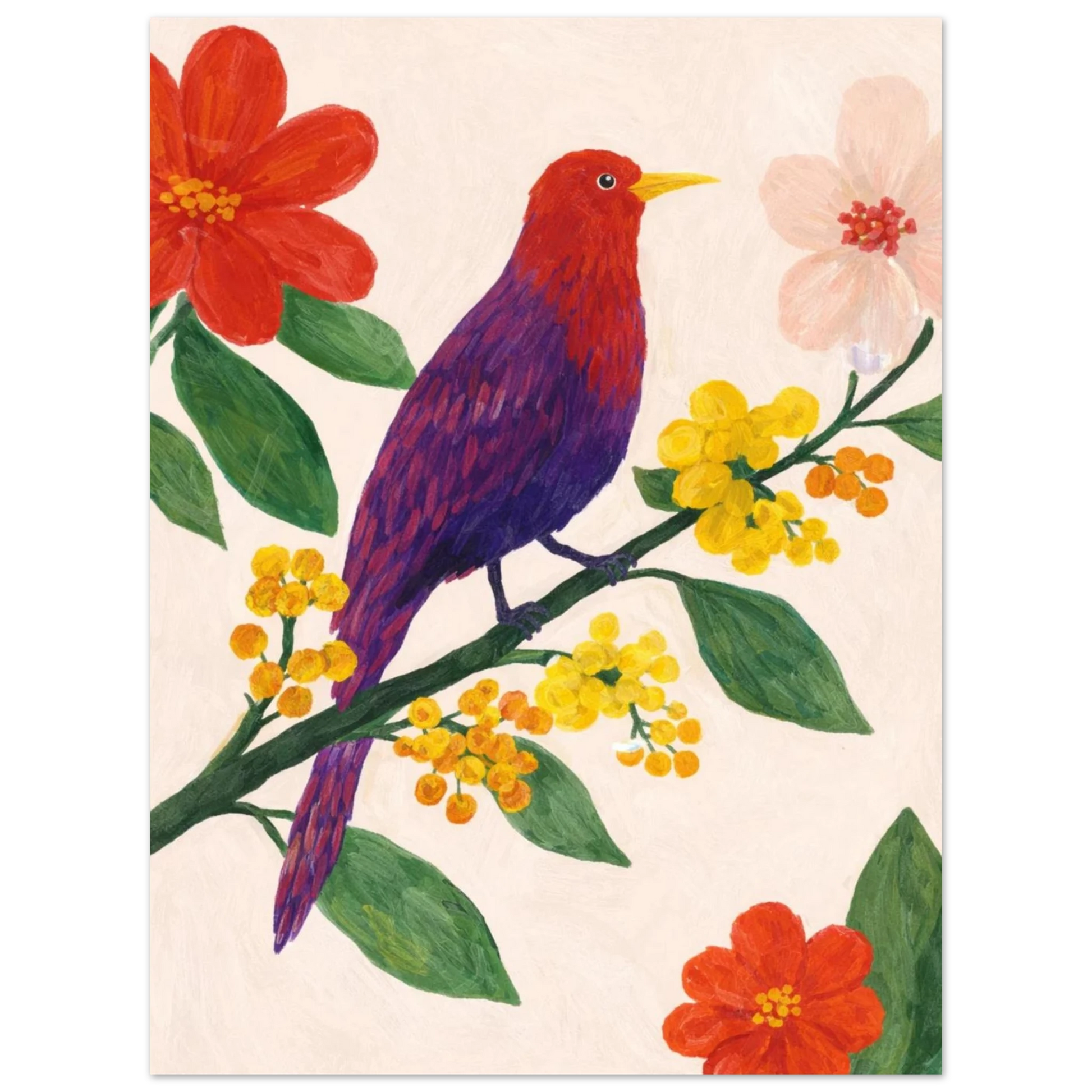 Vårinspirerat motiv med en fågel och färgglad flora – målad poster