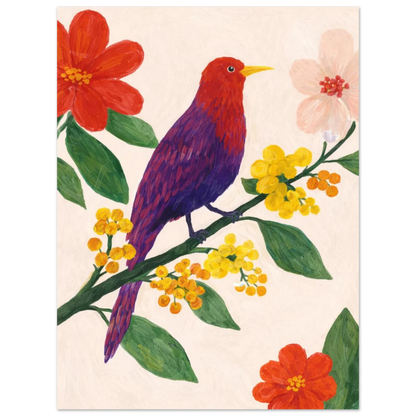 Vårinspirerat motiv med en fågel och färgglad flora – målad poster