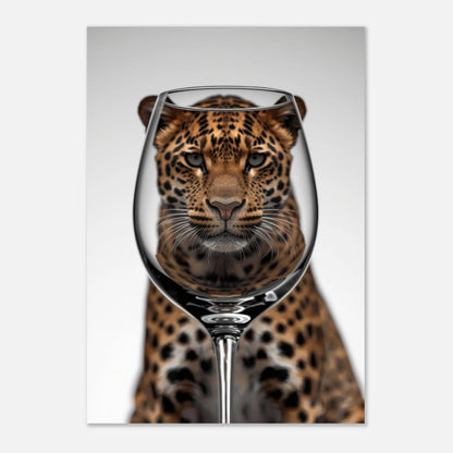 Kreativt fotomontage av en leopard i ett vinglas, trendig väggkonst