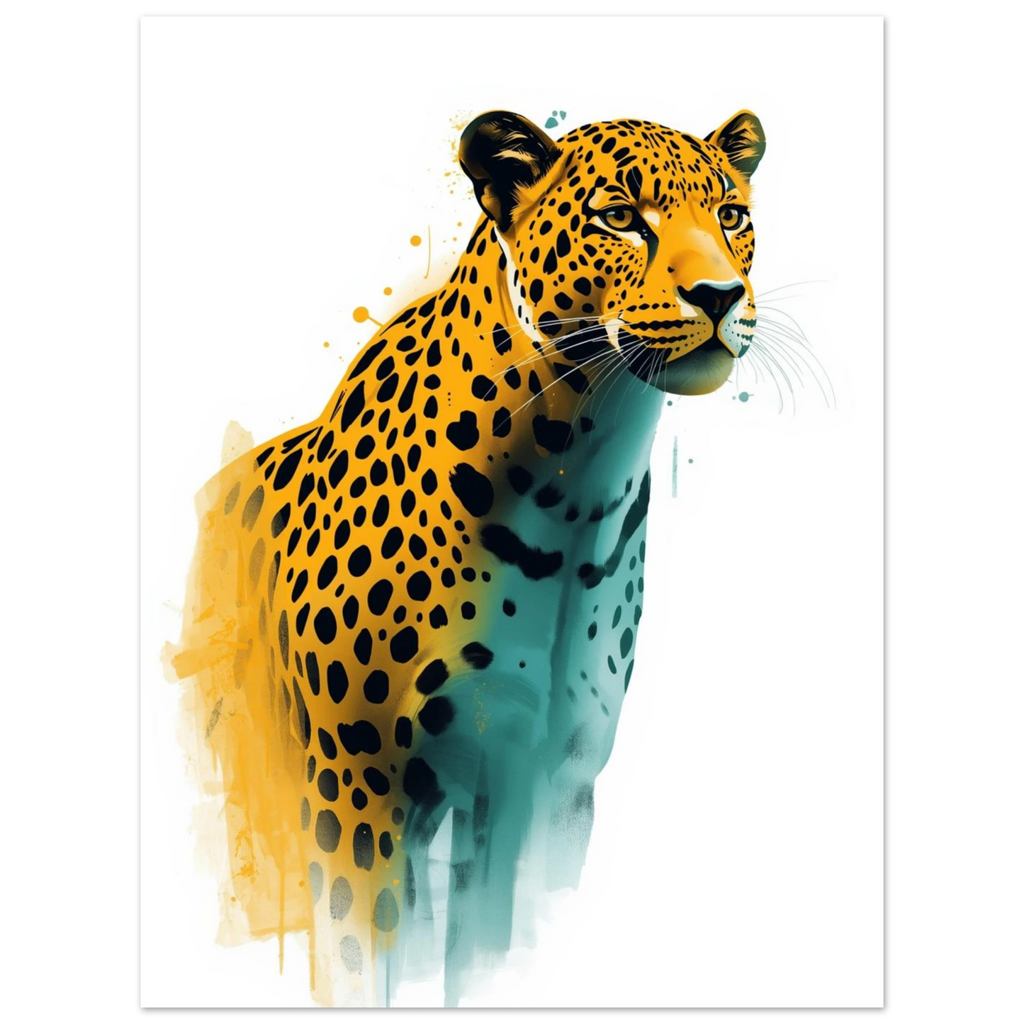 Leopardmotiv med fläckigt mönster och drömlik aura i gult och blått