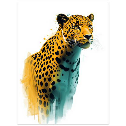 Leopardmotiv med fläckigt mönster och drömlik aura i gult och blått