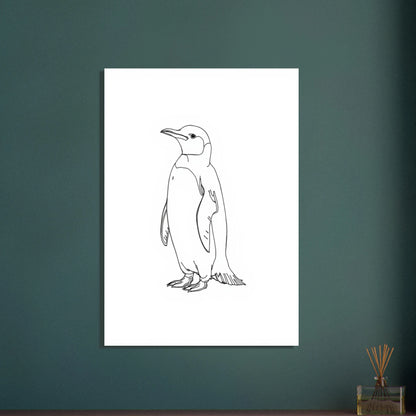 Pingvin i enkel linjeteckning, minimalistisk och elegant djurkonst.
