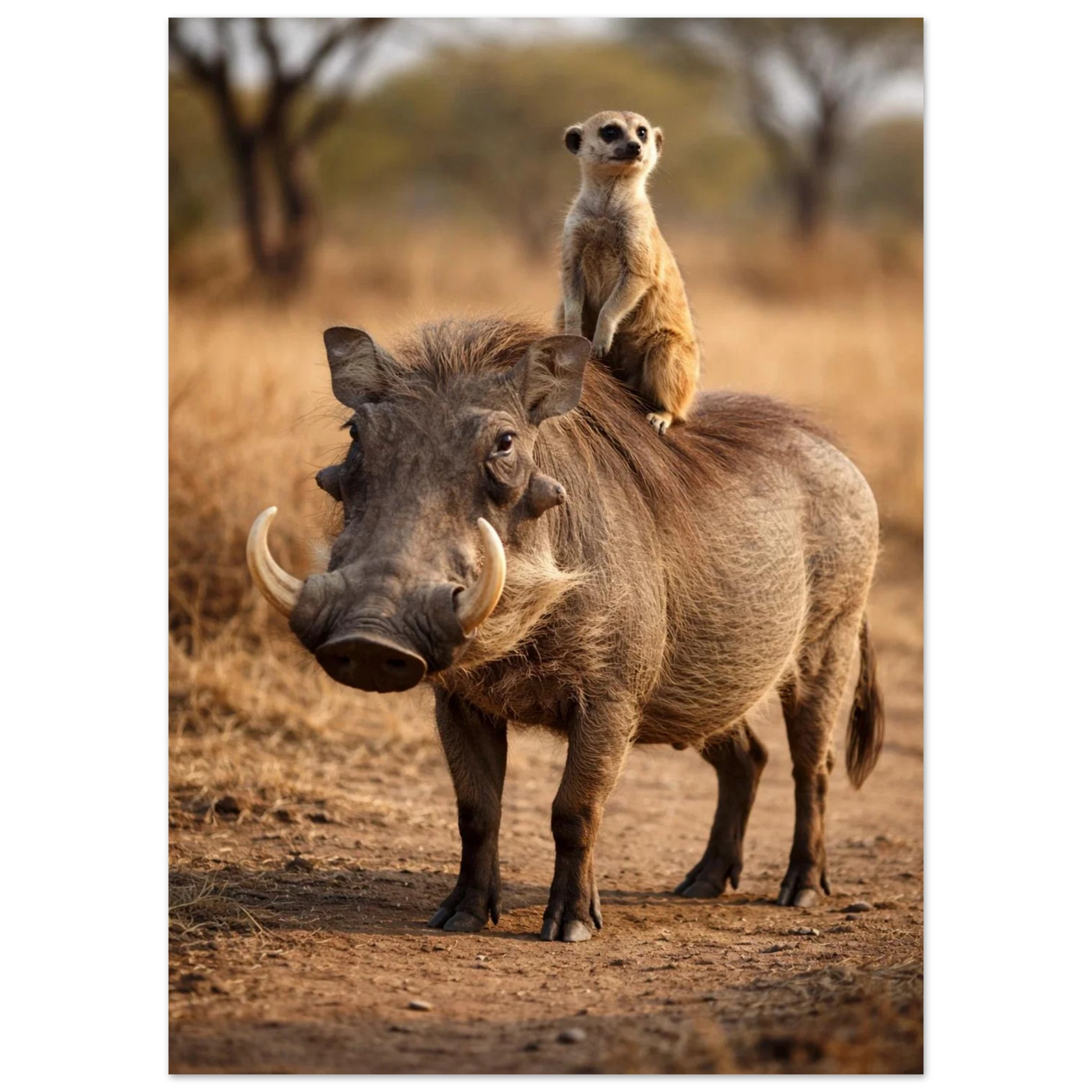 Vårtsvin med surikat på ryggen i naturlig miljö, fokuserad bild – Fotorealistisk poster