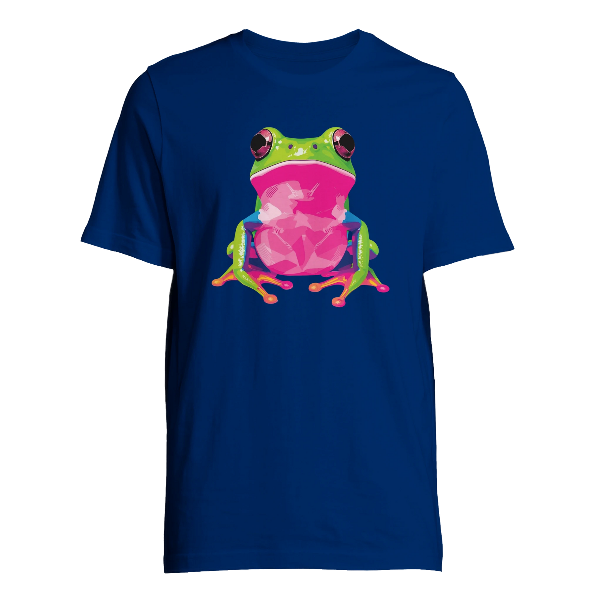 Färgstark groda motiv på mörkblå T-shirt, framifrån – Tecknad T-shirt