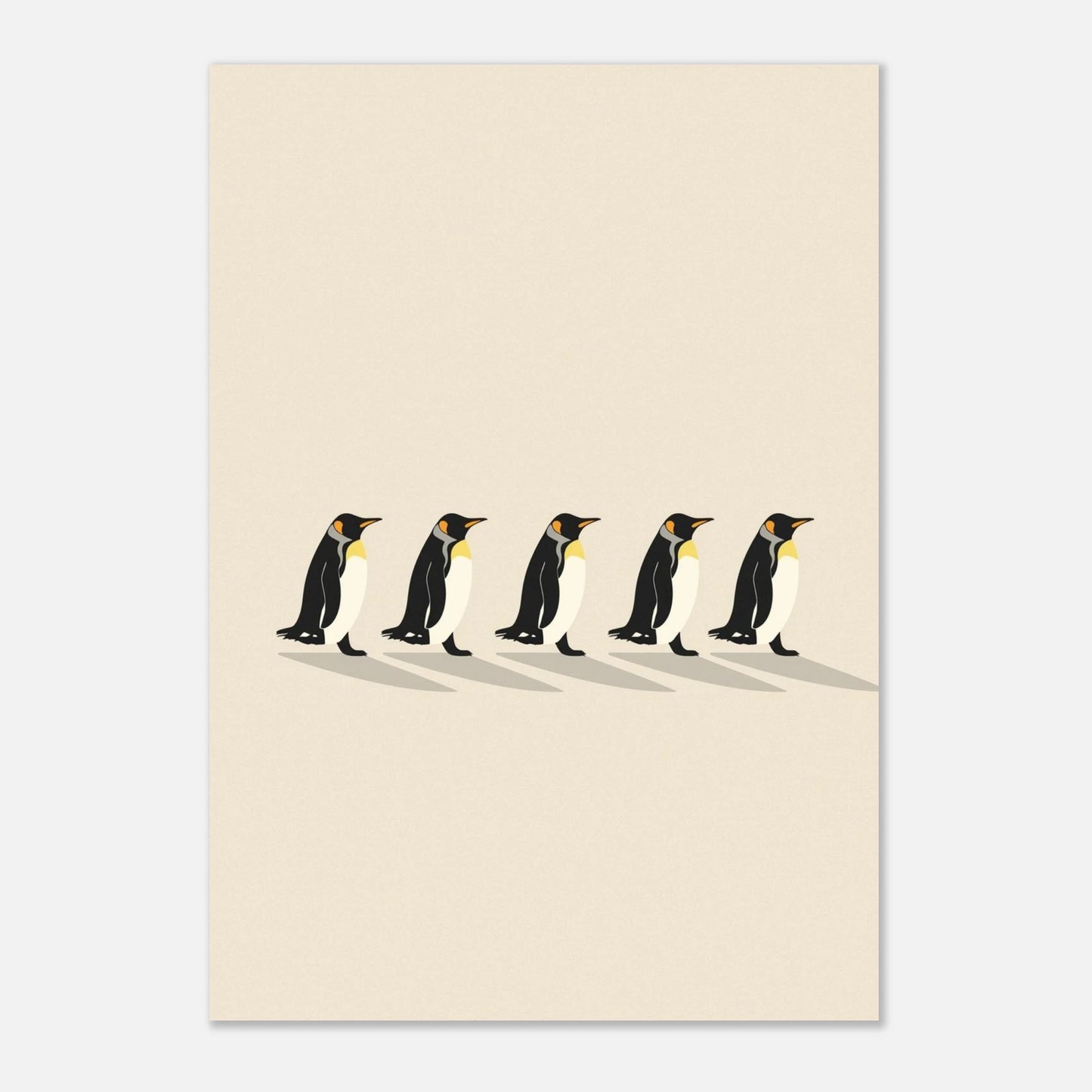Poster med pingvinernas enade vandring i gryningen, harmonisk djurillustration