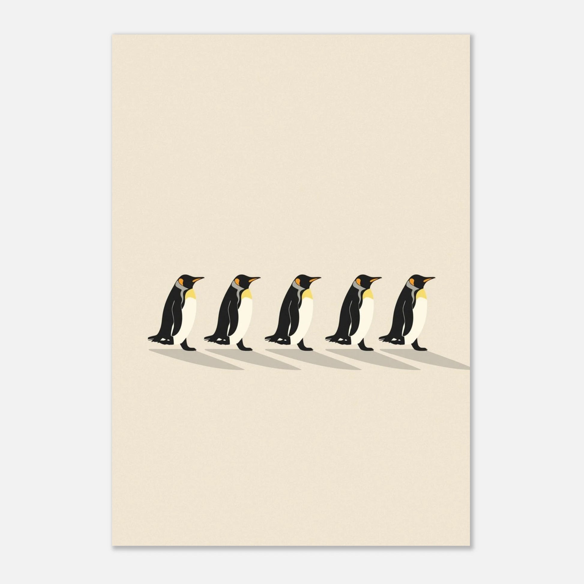 Poster med pingvinernas enade vandring i gryningen, harmonisk djurillustration