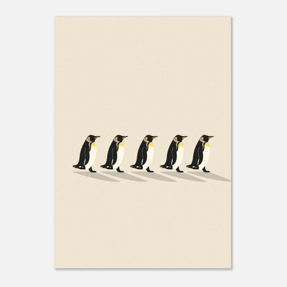 Poster med pingvinernas enade vandring i gryningen, harmonisk djurillustration