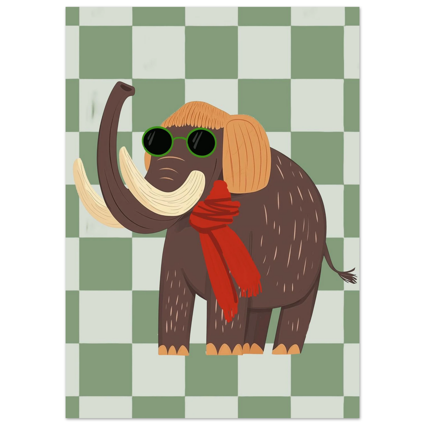 Närbild på illustrerad mammut med röd scarf och runda mörka glasögon