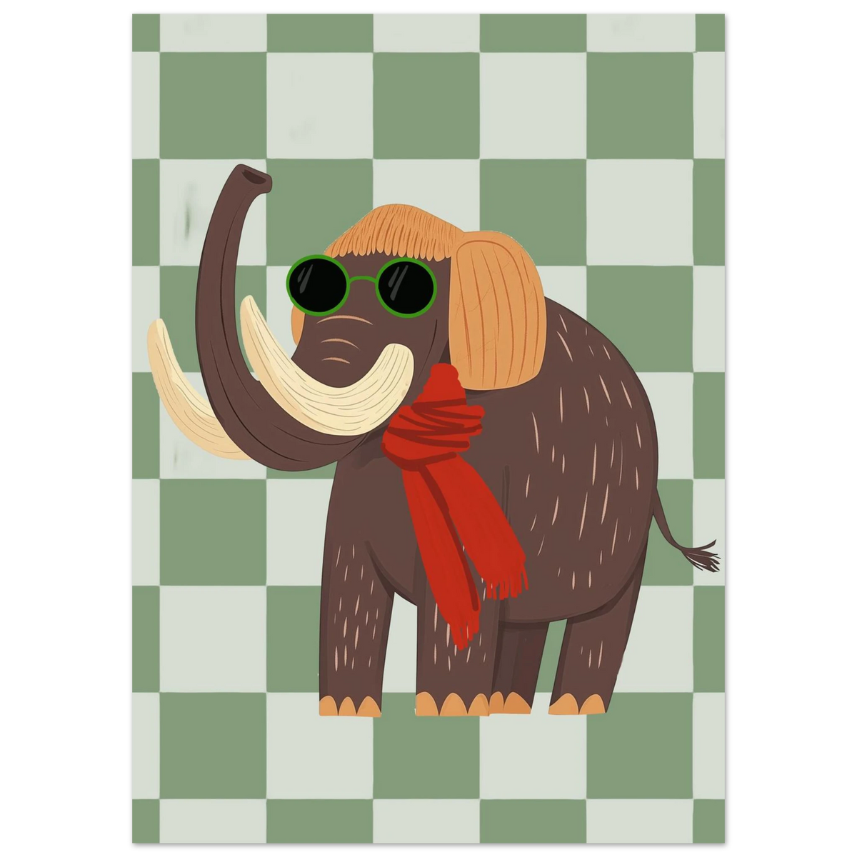 Närbild på illustrerad mammut med röd scarf och runda mörka glasögon